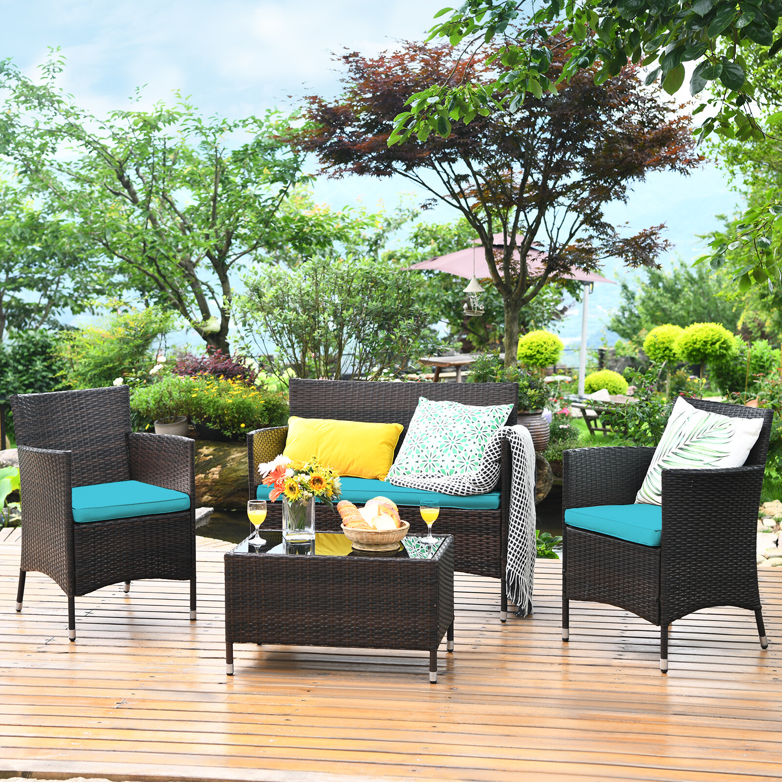 Patiojoy 4PCS Rattan Patio Furniture Set Cushioned Sofa Chair W/ TableTurquoise