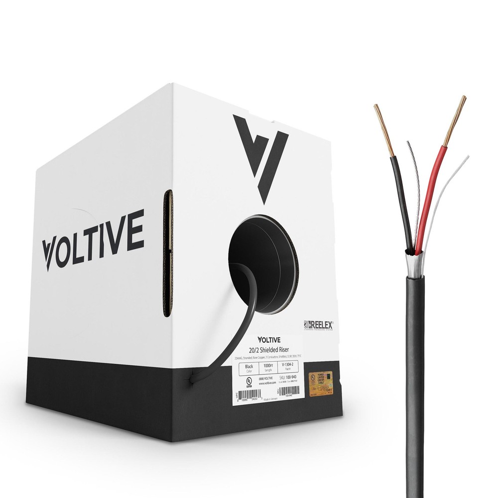 Voltive 20/2 Shielded Low Voltage Wire, Riser CL3R, Black, 1000ft
