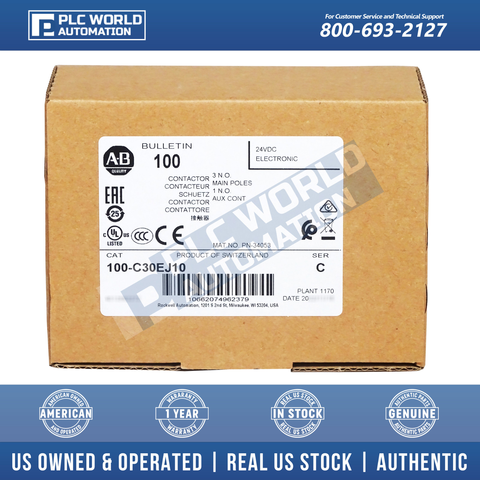 Allen Bradley 100-C30EJ10 Ser C IEC Standard Contactor, 24 VDC, 3-Pole, 30A, New