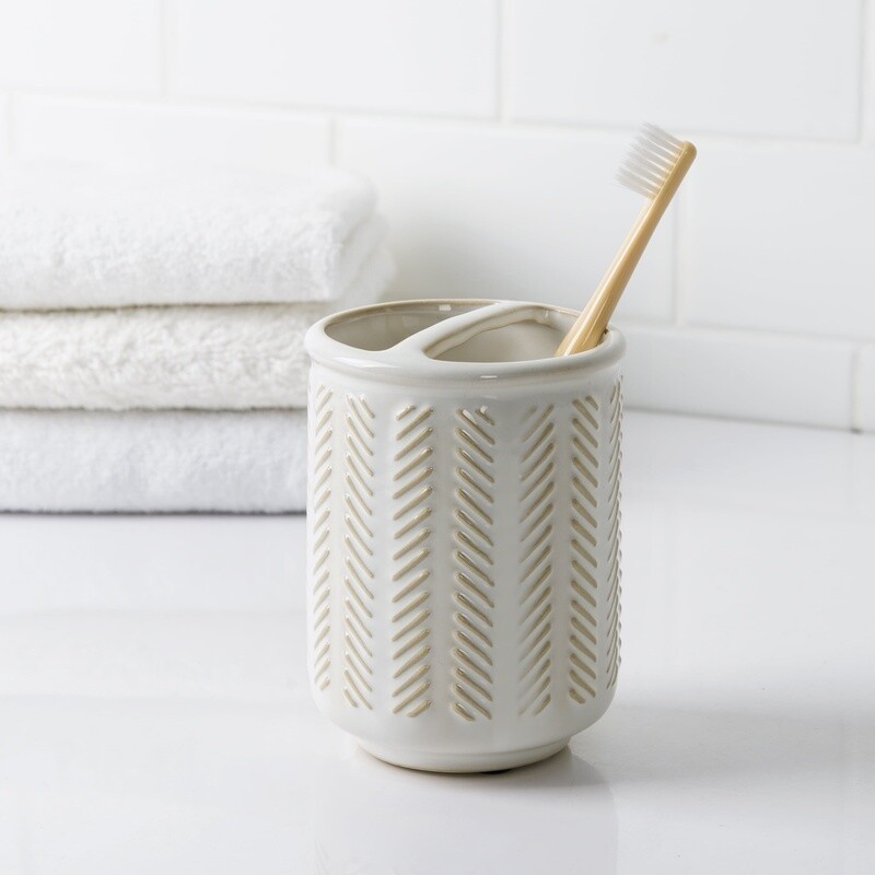 Ceramic Toothbrush Holder Rustic Textured Design Herringbone Bathroom Accessory