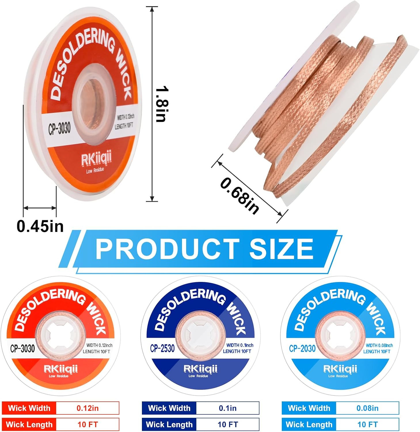 3Pcs Solder Wick Braid Kit with Flux, Low Residue Desoldering Wire 10ft Each